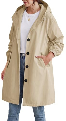 CMTOP Trench Coats for Women Long Lightweight Hooded Trench Coat, Solid Colour Classic Windproof Pea Coat Single-Breasted Windbreaker Jacket with Pockets for Spring Summer Autumn(Khaki Grey,M)