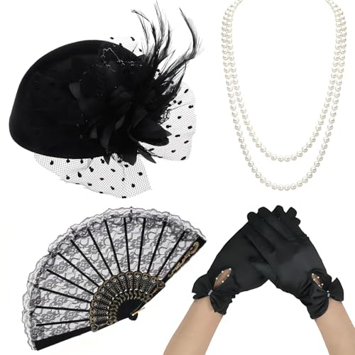 MENUY 4 Stück 20er Jahre Accessoires Damen, Great Gatsby, mit Vintage-Kopfschmuckhut, Spitzenhandschuhe, Perlenkette, Orchideenfächer für Halloween, Weihnachten, Elegante Partys und Abschlussbälle