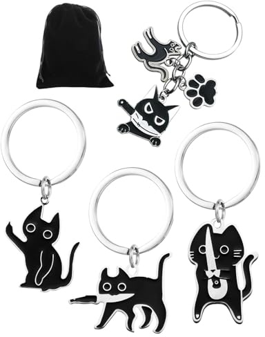 GRETY Schlüsselanhänger Katze,Cute Cat Keychain,4 Stück Schlüssel Anhänger Lustig Süß Schwarz Katze Geschenk,Katzen Geschenke für Frauen,Süße Schlüsselanhänger für Valentinstag Karneval Paar Partner