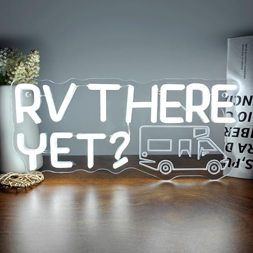 RV THERE YET? LED Neon Sign Funny Motorhome Wall Decor Warm White Camper Van Night Light 13.4 x 6.1 Engraved Art for RV Travel Trailer Camping Gift Gamer Room Accessory