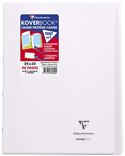 Clairefontaine 981620C Un Cahier Agrafé Koverbook Incolore - 24x32 cm - 96 Pages Petits Carreaux avec Marge - Papier Blanc 90 g - Couverture Polypro