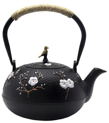 Tetera de hierro fundido, tetubin estilo japonés, tetera con infusor de acero inoxidable extraíble, tetera interna de hierro esmaltado con pájaros y flor de ciruela, hermoso patrón, 1200 ml