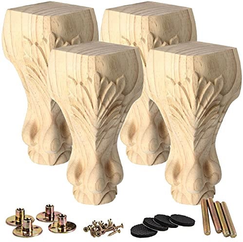 La Vane 4 inch / 10cm Wooden Furniture Legs, Set of 4 European Style Solid Wood Carving Unfinished Furniture Replacement Feet Decoration for Sofa Cabinet Wardrobe Table Loveseat