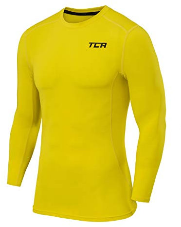 TCA Men Long Sleeve Compression Shirt, Athletic Workout Sports Undershirt Base Layer Top - Sonic Yellow, S