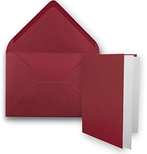 50x DIN B6 Faltkarten Set mit Umschlägen in Dunkelrot (Rot) - 120 x 170 mm - inkl. weißem Einlege-Papier - ideal für Einladungskarten, Hochzeit, Taufe, Kommunion, Konfirmation