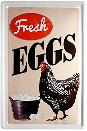 Blechschild Fresh Eggs - Vintage Retro Deko Metallschild - Schild für Hühnerzüchter Hühnerhalter Hühner-Experten - Dekoration Hühnerstall Hühner-Hotel Hühnerpension Küche Esszimmer Garten - 20x30cm