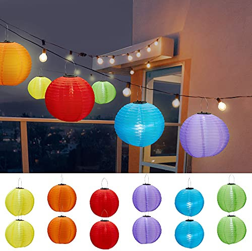Solarlampion LED 12er Set │ Ø 30cm bunt Organza Kunststoff Draht │ Laterne mit Solarpanel Gartendekoration (1 x 12er Set LED Lampion bunt)
