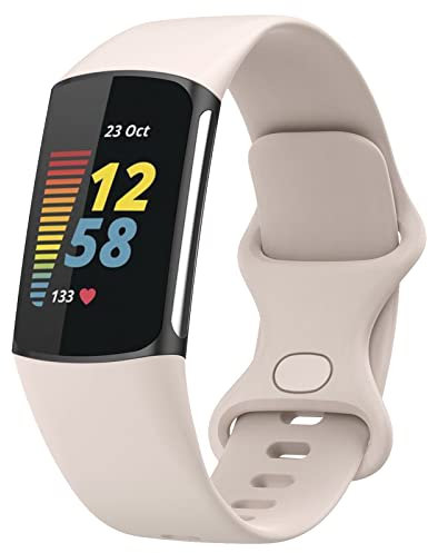 TopPerfekt Armbänder Kompatibel mit Fitbit Charge 6, Verstellbares Weiches Silikon Sport Ersatz Uhrenarmband Armband für Charge 5 Activity Tracker Damen Herren (Mondweiß, S)