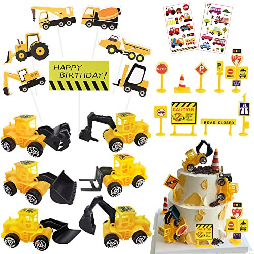 24 Stück Tortendeko Bagger, Baustellenfahrzeug Kinder, Verkehrsschilder Spielzeug, Baufahrzeug Cupcake Topper, Bagger Sticker, BAU Thema Bagger Kuchendeko Geburtstag Junge Mädchen