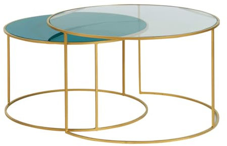 Miliboo Tables Basses gigognes Rondes Design métal doré et Verre teinté Bleu pétrole (Lot de 2) ROXO