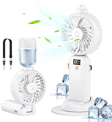 Ventilador Portatil Agua 5000mAh, Mini Ventilador de Mano, Ventiladores USB Silencioso, Mini Ventilador Portátil Potente, Ventilador Humidificador Plegable 5-Velocidades Recargable (Blanco)