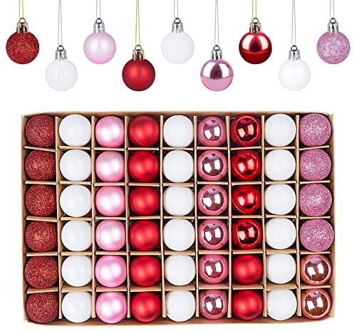 Set di 54 palline di Natale in plastica, 3 cm, con mini palline di Natale, colore bianco, rosso, rosa, infrangibili, con cordino, piccole sfere di Natale