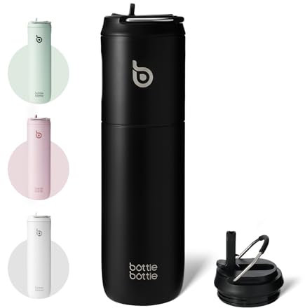BOTTLE BOTTLE Bouteille d'eau isotherme de 710 ml avec couvercle à paille et poignée, en acier inoxydable à double paroi sous vide, anti-fuite, sans BPA, pour sport, voyage, salle de sport, noir