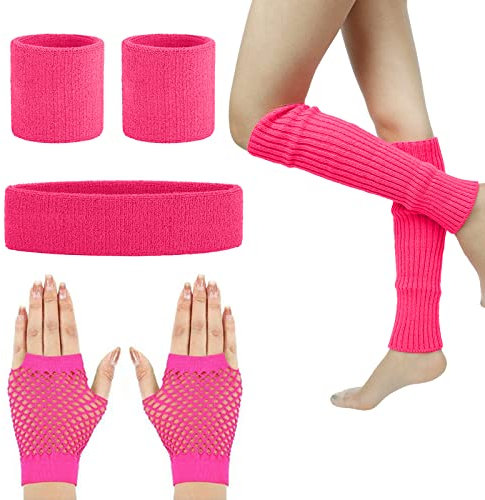 ZOCONE Leg Warmers Neon 80s Fishnet Gloves Headband Wristbands Set, 80s Women Fancy Dress Costume Accessories, Pink Leg Warmers Knit Neon Retro 1980s Theme Party Costumes