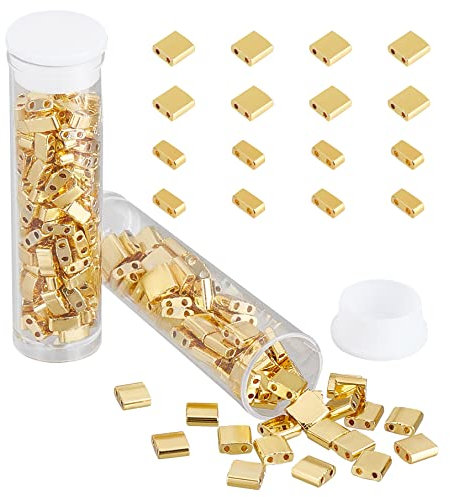 nbeads 226 Stück Tila Perlen Mit 2-Loch, Halbe Tila-Perlen 5x5mm/5x2mm 2-Loch Glas Rocailles Spacer Rechteck Mini Perlen Japanische Glasperlen Für Armband Halskette Ohrring Schmuckherstellung, Golden