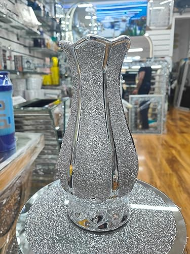 Biznest 25Cm New Unique Silver Pot Glittery Crushed Crystal Decorated Vase Flowers State Line Style