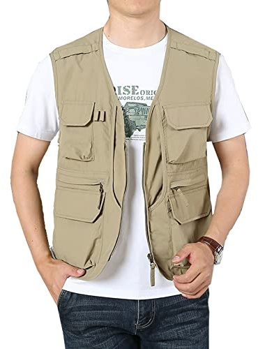 Perbai Men's Black Utility Fishing Vest Outdoor Summer Lightweight Work Photo Safari Cargo Vest(Khaki-M)