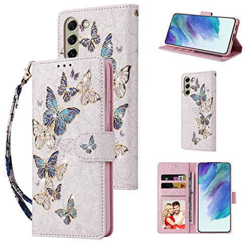 UEEBAI Wallet Case for Samsung Galaxy S21 FE 5G, PU Leather Phone Case Kickstand RFID Blocking Flip Case Card Slots Wrist Strap Relief Engraved Pattern Magnetic Closure Folio Case - Blue Butterfly