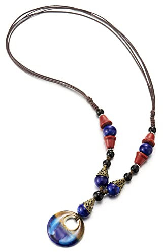 COOLSTEELANDBEYOND Boho Ethnischen Lange Statement Halskette Anhänger Holz Perlen Schwarz Blau Edelsteine Kette mit Baumelnde Ovalen Charme