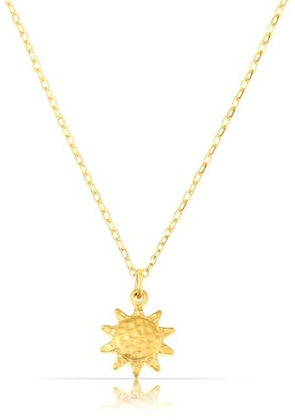 Made by Nami Minimalistische Halsketten mit Sonnen Anhänger • Dezente Damen Edelstahl Halskette Gehämmert mit starkem Verschluss • Choker-Kette Frauen & Mädchen • Filigrane Gliederkette (H Sonne Gold)