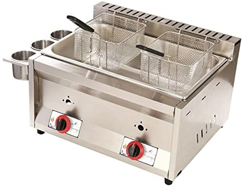 LOJOO Friggitrice Commerciale da banco a Gas con cestello e Coperchio, friggitrice in Acciaio Inox a Un Serbatoio per Uso Domestico e Ristorante, Facile da Pulire.