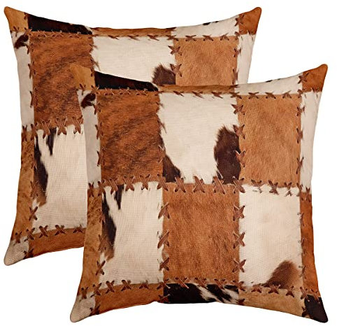 Kuhfell Kissenbezug 2er Set Kissenbezüge Kuhfell Kissenbezüge 60x60cm Fälle Home Dekor Kissenhülle Bauernhaus Western Bauernhof Tier Haut Plaid Grid Drucken Cowboy Dekokissen für Couch Sofa im Freien