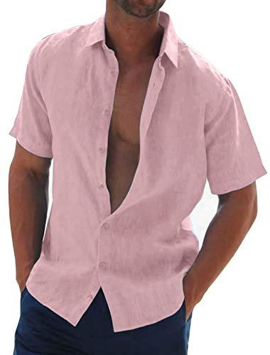 Halfword Uomo Camicia Lino Manica Corta Estiva Casual Risvolto Cotone Hawaiian Tinta Unita Vacanze Beach Rosa XL