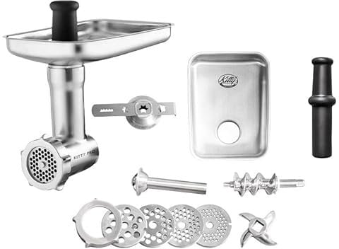 Kitty Professional Fleischwolf Schredder aus hochwertigem Edelstahl inkl. Lochscheiben, Messer, Wurstfüllhorn, Spritzgebäckvorsatz kompatibel mit Kitchen Aid, ideal für Fleisch und Gemüse