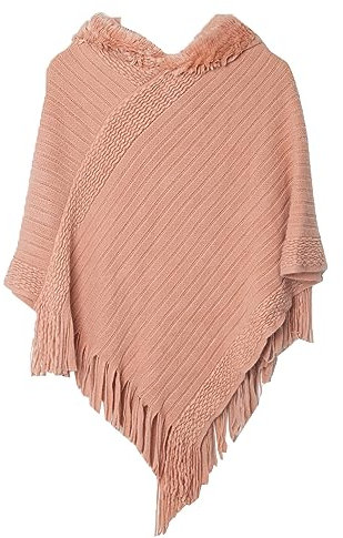 JFAN Strick Ponchos mit Damen Kapuze Cape Pullover Fransen Strickpullover Vielseitiger Kapuzen Schal Warm Coat Hoodie Rosa One Size