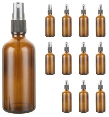 AKOLAFE Lot de 12 spray vide 100ml Bouteille Spray Verre flacons vaporisateurs vides en verre ambré Flacon Pulvérisateur en vide pour huiles essentielles, parfums, cosmétiques