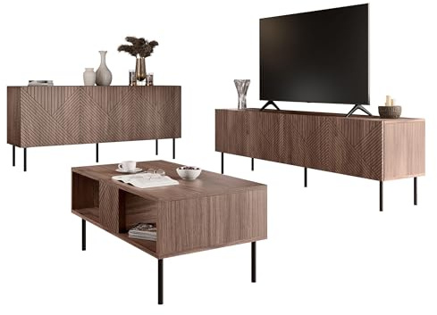 Mirjan24 Wohnzimmer-Set Aropo I, Wohnzimmerschrank, gefräster Front, Griffloses Öffnungssystem, Kommode mit 3 Türen, 6 Fächer, TV-Lowboard mit 4 Türen und 4 Fächer, Couchtisch (Nuss Warmia)