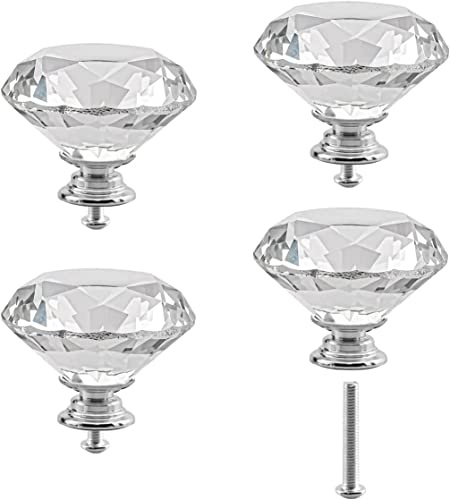 Cabinet Knobs Crystal 4PCS 50mm Clear Glass Diamond Shape Drawer Knobs Diamond Cabinet Dresser Pulls Door Knobs Cupboard Wardrobe Handles for Kitchen Office Cupboard Dresser Drawers (8PCS, Silver)
