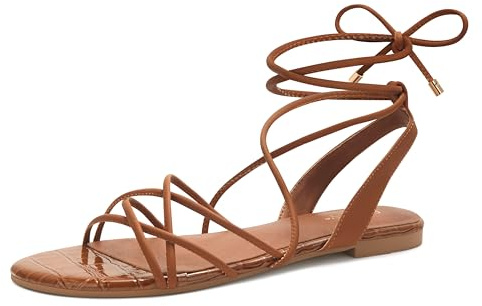 PARTY Women's Strappy Sandals Gladiator Lace Up Flats Summer Wrap Open Toe Tie Up Shoes, Brown, 9