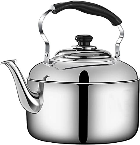 Tetera con silbato para estufa, tetera de acero inoxidable de gran capacidad, tetera de baquelita con fondo engrosado (plata 4L)