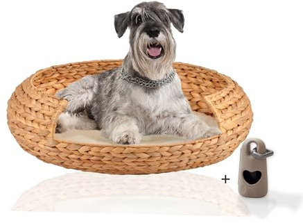 Rohrschneider® runder Hundekorb aus geflochtener Wasserhyazinthe| herausnehmbares, waschbares Kissen| gemütliches Hundesofa für kleine,mittelgroße u. große Hunde| Gr. XL (L 70 x B 70 x H 19 cm)