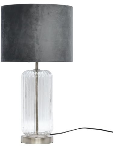 Ribbed Glass Brushed Chrome Table Lamp or Bedside Light, Cear Glass with Grey Velvet Shade, Height 49cm.