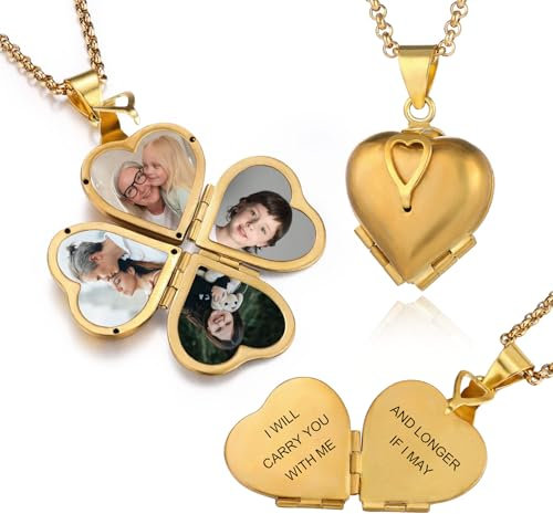 MeMeDIY Collier à Médaillon Photo Personnalisé Pendentif en Forme de Coeur peut Contenir 4 Photos Collier Médaillon Vintage Plaqué Or Cadeau pour Fille/Maman/Femme -A2