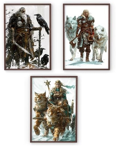 MJ-GRAPHICS® Poster Set Wikinger Jungen Kinderzimmer & Jugendzimmer Bilder Vikings Poster Gaming Zimmer Deko, 3xA4 Odin, Wolf, Thor Krieger Bilder Wanddeko Deko Bilder Gamer Deko Bilder ohne Rahmen