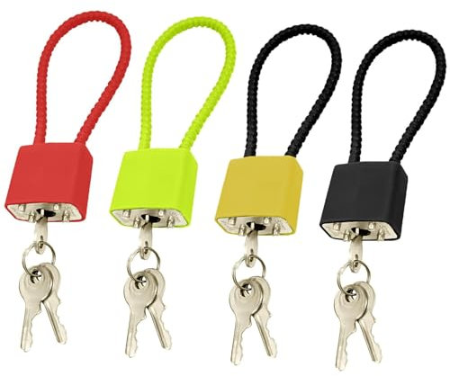 WHENZOO 4 PCS Padlocks with Keys and Steel Rope, Steel Rope Padlocks, Padlock Long Shackle Outdoor, Heavy Duty Padlock Lock for Outside, Small Padlock with Keys Black Red Green Yellow