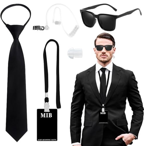 Kodepro 4 Pcs Agent Costume Accessories Set, Secret Agent Fancy Dress Kit with ID Card Prop Lanyard Fake Earpiece ZipTie Black Frame Sunglasses for Adults Carnival Halloween Cosplay Dress up Party