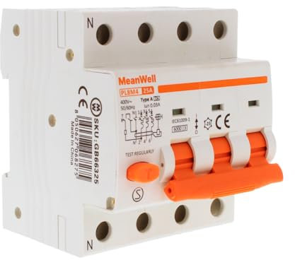 MeanWell Interruttore Magnetotermico Differenziale Trifase Tipo A 30mA, RCBO 3P+N C25 25A, Curva C 6000A 380V, 4 Poli Da 4 Moduli Barra DIN
