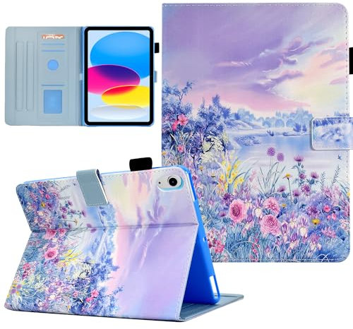 AUSMIX Hülle für iPad 10 Generation 10,9 2022/ iPad 11 (A16) 11 2025 Case, Premium PU Leather Stand Smart Cover case for 10.9 inch 2022, Auto Wake/Sleep Smart Shell, Lila Blumenmeer