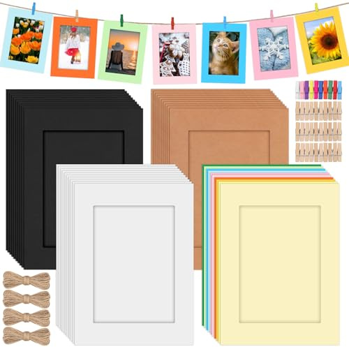 Mardatt Cardboard Picture Frames, 40 Set 7“ Papier Bilderrahmen, enthält bunte Karton Fotorahmen mit hölzernen Klammern, Schnüre für Home Decor