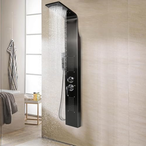 Colonna Doccia Idromassaggio in Acciaio Inox 5 Funzioni Pannello Doccia Set e di Temperaturaper Bagno,Soffione Fisso, Massaggi, Doccetta e Bocca Vasca,7 * 20 * 140 cm - nero
