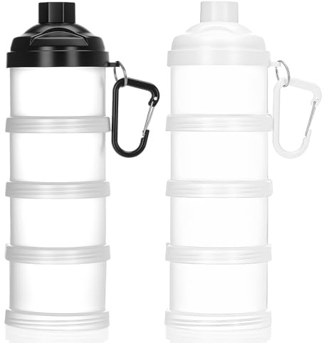 Baderke 2 Pcs Protein Powder Travel Container with Funnels Stand, 4 Layers Stackable Travel Powder Container Formula Supplement Organizer Storage Holder for Workout Fitness(Black, White)