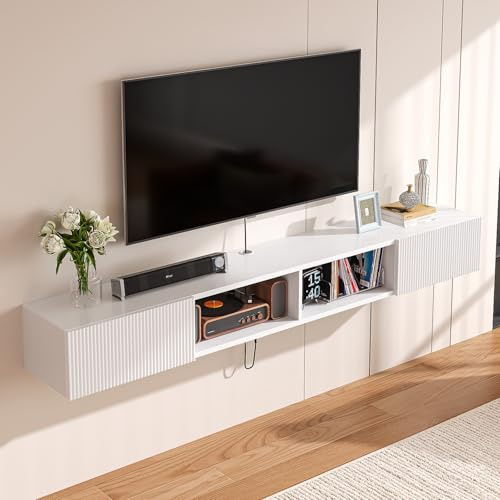 FloatiCasa 220cm White Plywood Floating TV Stand, Fluted Doors & Cabinets | Wall mount console with cable management hole, easy to assemble, include toggle bolts for drywall, for living room, bedroom