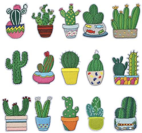 Stiesy Toppe termoadesive a tema cactus, 15 pezzi, in tessuto non tessuto, motivo pianta verde, da cucire, per vestiti, cappelli, giacche, zaini, applique, decorazioni