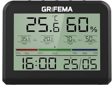 GRIFEMA GA2901B, Termometro Igrometro Digitale, Igrometro Umidità Casa con Retroilluminazione, Registrazione Max/Min, Orologio/Data, Ideale per Casa/Serra, Bianco, Nero