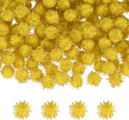 M METERXITY 100-Pack Glitter Pom Pom Balls 0.6 in/1.5 cm, Yellow | Mini Tinsel Sparkle Balls for Arts, DIY Crafts, Party Decoration, Christmas, Cat, Soft Assorted Puff