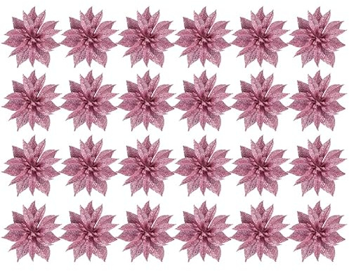 GLEAVI 24 Stück Weihnachten Glitzer Weihnachtsstern: Blume Künstliche Blüte Glitzer Christbaumschmuck für Weihnachtsbaum Dekorationen Hochzeit